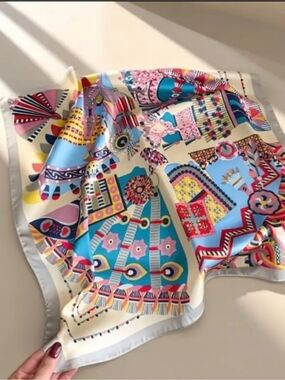 Vibrant Geometric Print Silk Scarf - Ivory Base with Turquoise & Pink